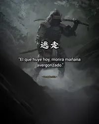 Samurái con armadura y la frase “El que huye hoy, morirá mañana avergonzado”, atribuida a Uesugi Kenshin.